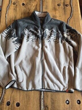 The American Outdoorsman Tan Green Mountain Pattern Fleece Jacket Mens 2XL